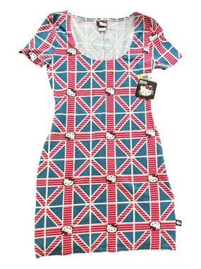 Hello Kitty Dress M British Flag Union Jack Sanrio Bodycon NWT